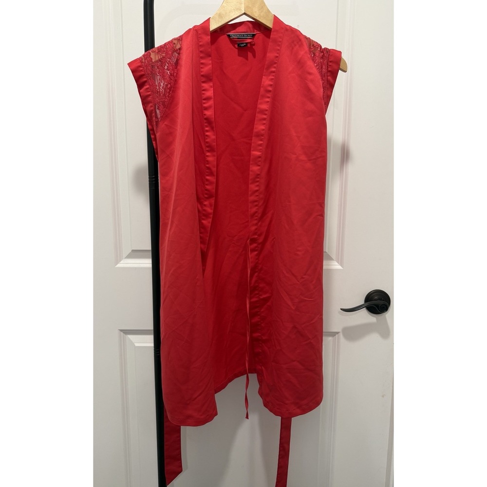 Victorias Secret Red Silk Sleeveless Robe With Lace